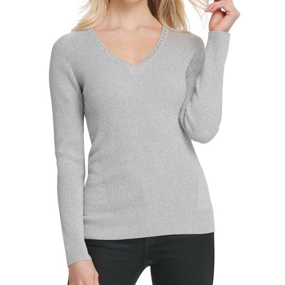 DKNY XS Grey Sparkle Ribbed Knit Rhinestone Long Sleeve Vneck Sweater - Picture 1 of 9